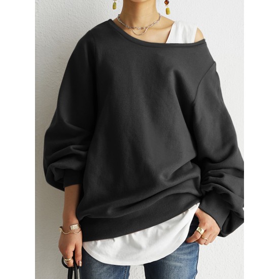 Women Puff Sleeve Solid Thick O  Neck Preppy Homely Sweatshirt