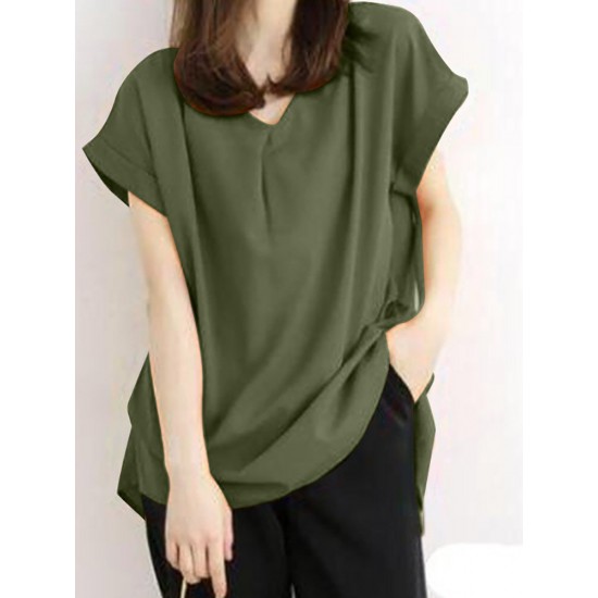 Solid Ruched Short Sleeve V Neck Casual Blouse