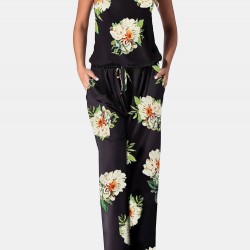 Flower Print Drawstring Pocket Strap Jumpsuit For Women