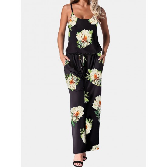 Flower Print Drawstring Pocket Strap Jumpsuit For Women