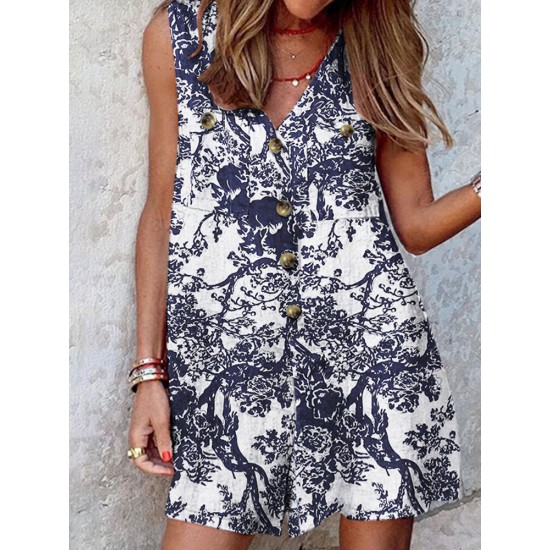 Plants Print Pocket Button Front Sleeveless V  neck Romper