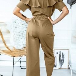 Solid Color Button Pocket Drawstring Off  shoulder Ruffle Casual Jumpsuit