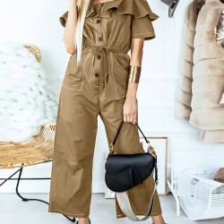 Solid Color Button Pocket Drawstring Off  shoulder Ruffle Casual Jumpsuit