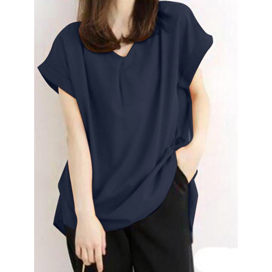 Solid Ruched Short Sleeve V Neck Casual Blouse