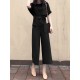 Solid Belt Pocket Rolled Sleeve Wide Leg Two Pieces Suit