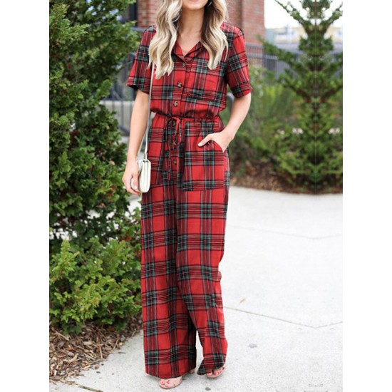 Plaid Print Button Pocket Short Sleeve Wide Leg Jumpsuit