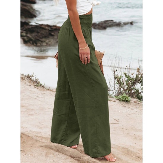 Leisure Solid Shirring Pocket Wide Leg Cotton Pants