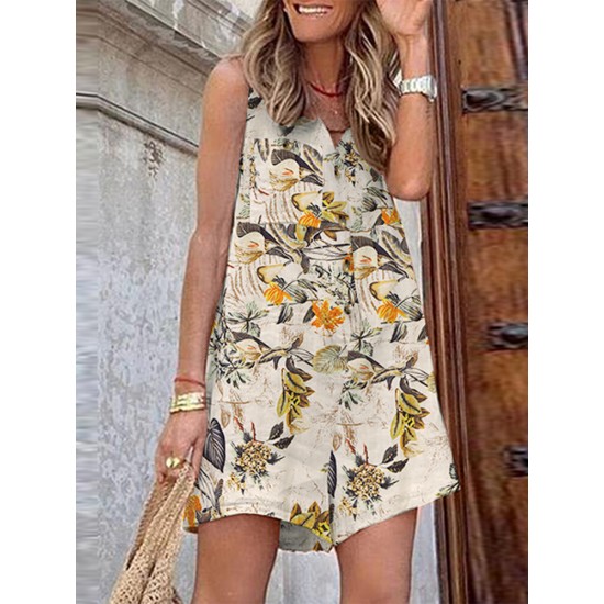 Sleeveless Button Print Flower Pocket Regular Fit Jumpsuit