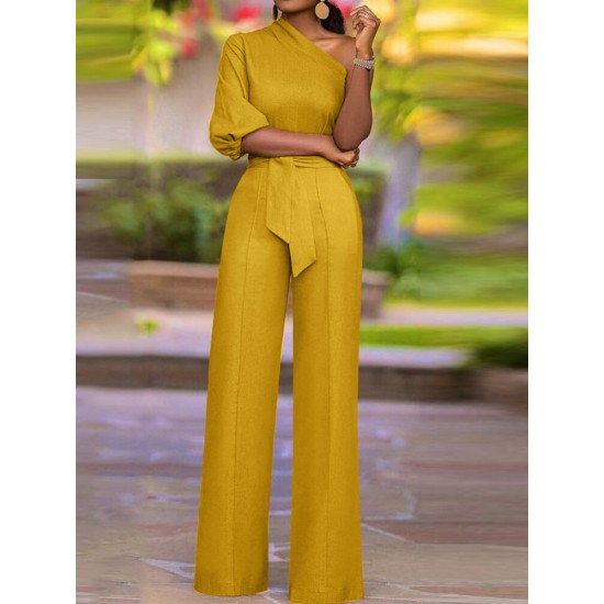 High Waist Solid Pocket Asymmetrical One Shoulder Jumpsuit