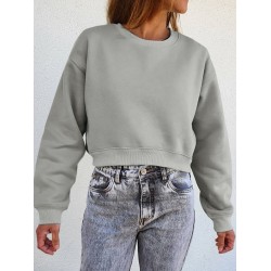 Women Thick Solid Puff Sleeve Solid Color O  Neck Full Sleeve Pullover Sweatshirt