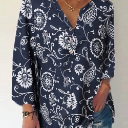 Print Button Long Sleeve Casual Blouse