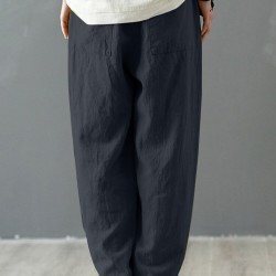 Solid Cotton Pocket Elastic Waist Casual Loose Pants