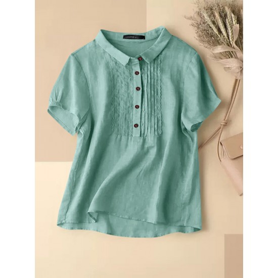 Solid Patchwork Button Lapel Short Sleeve Casual Blouse