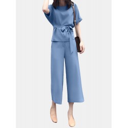 Solid Belt Pocket Rolled Sleeve Wide Leg Two Pieces Suit