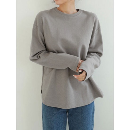 Women Long Sleeve Loose Solid Side Fork High Low Casual Pullover Sweatshirt