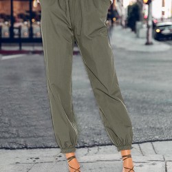 Solid Color Drawstring High Waist Elastic Casual Pants With Pockets