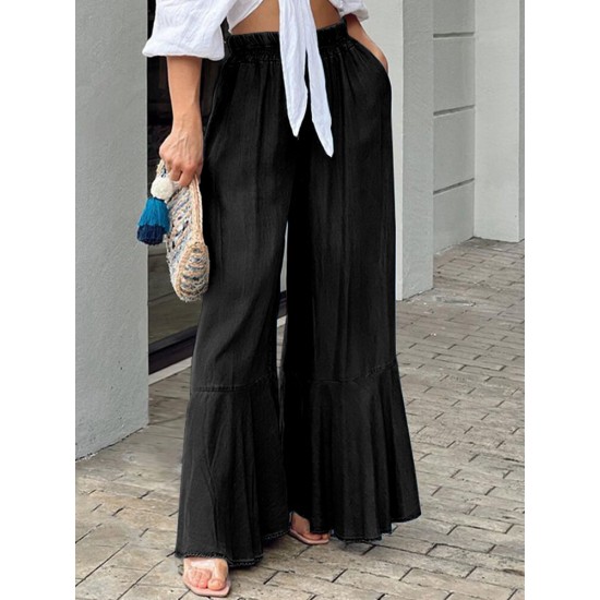 Leisure Solid Ruffle Wide Leg Pocket Pants