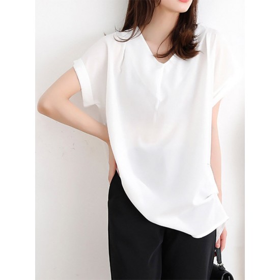 Solid Ruched Short Sleeve V Neck Casual Blouse