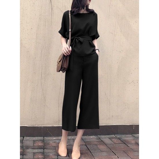 Solid Belt Pocket Rolled Sleeve Wide Leg Two Pieces Suit