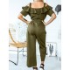 Solid Color Button Pocket Drawstring Off  shoulder Ruffle Casual Jumpsuit