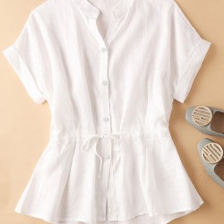 Solid Button Drawstring V Neck Roll Sleeve Casual Cotton Blouse