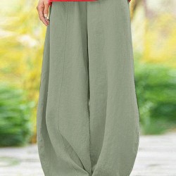 Solid Pocket Elastic Waist Cotton Casual Pants