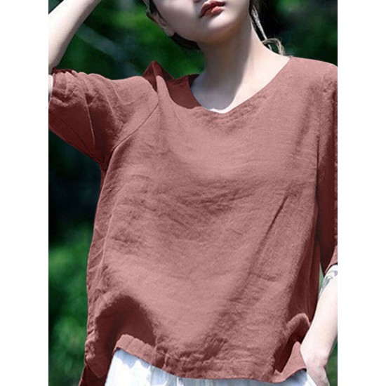 Solid Half Sleeve Crew Neck Casual Women Blouse