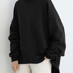 Women Loose Thick Back Fork High Low Solid Casual Pullover Sweatshirt