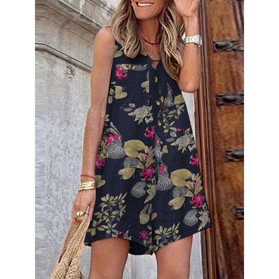 Sleeveless Button Print Flower Pocket Regular Fit Jumpsuit