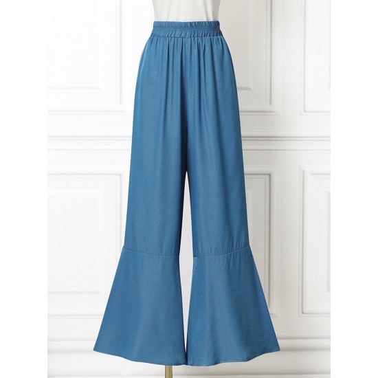 Leisure Solid Ruffle Wide Leg Pocket Pants