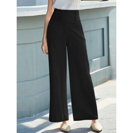 Solid Pocket Button Wide Leg High Waist Casual Pants