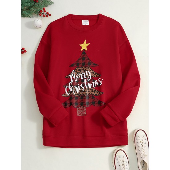 Women Christmas Tree Printed Letter Round Neck Casual Pullover Sweatshirt