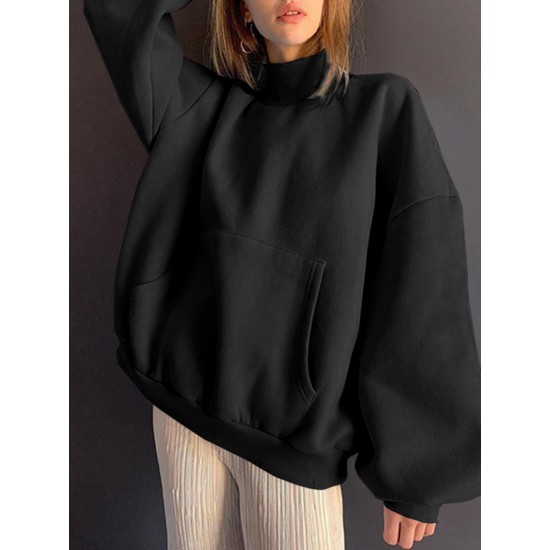 Women Solid Loose Casual Thick Sweatshirts with Kangaroo Pockets