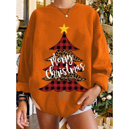 Women Christmas Tree Printed Letter Round Neck Casual Pullover Sweatshirt