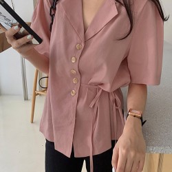 Solid Button Tie  Up Lapel Short Sleeve Casual Cotton Blouse