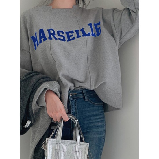 Women Solid Embroidery Words Casual Loose O  Neck Street Fashion Sweatshirt