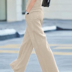 Solid Pocket Button Wide Leg High Waist Casual Pants