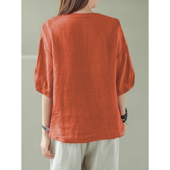 Solid Button Pocket V Neck Half Sleeve Casual Cotton Blouse