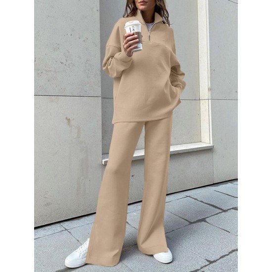 Women Turtleneck Solid Color Ankle Length Zipper Elastic Waist Two  Piece Sets