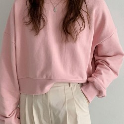 Women Long Sleeve Solid Round Necked Narrow Hem Pullover Sweatshirt