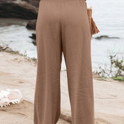 Leisure Solid Shirring Pocket Wide Leg Cotton Pants