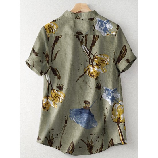 Random Flower Print Button Short Sleeve V  neck Blouse