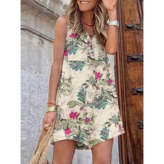 Sleeveless Button Print Flower Pocket Regular Fit Jumpsuit