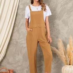 Solid Pocket Sleeveless Button Casual Jumpsuit For Women